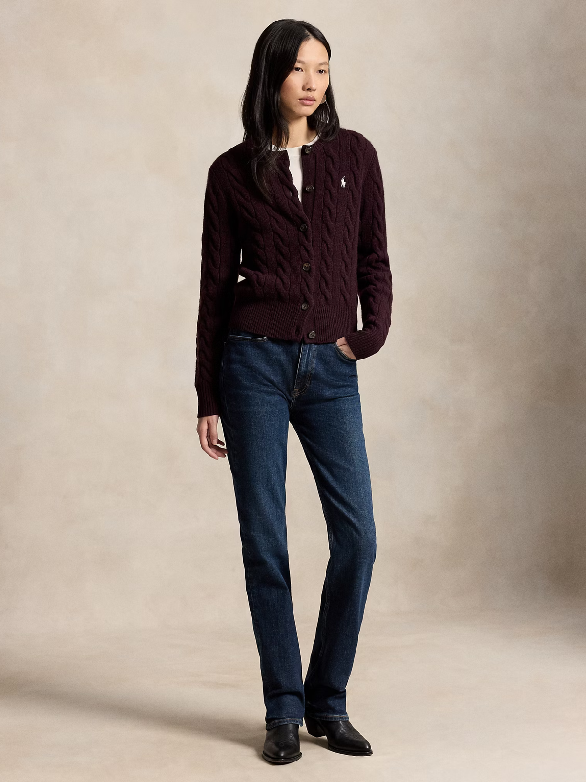 RALPH LAUREN WOMEN Cable-knit Wool Cashmere Cardigan Damson Melange