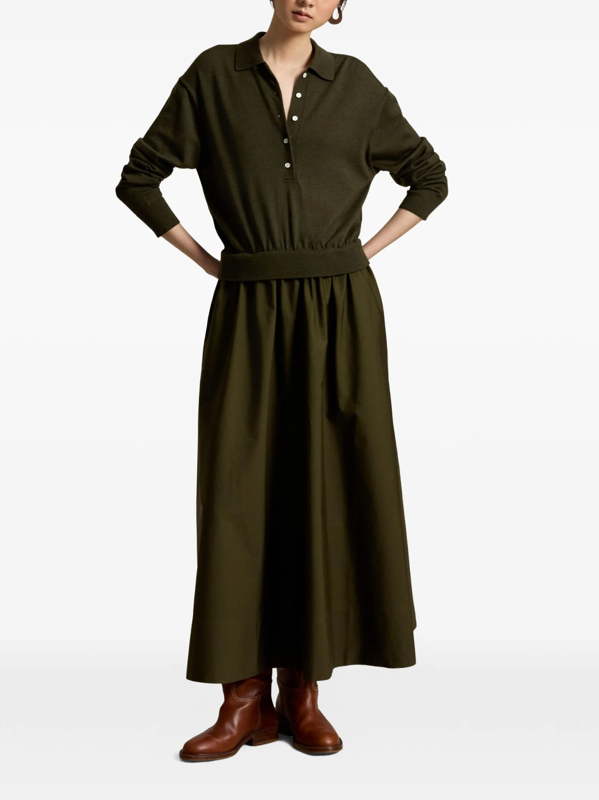 RALPH LAUREN WOMEN Hybrid Knit Polo-Bodice Dress Olive