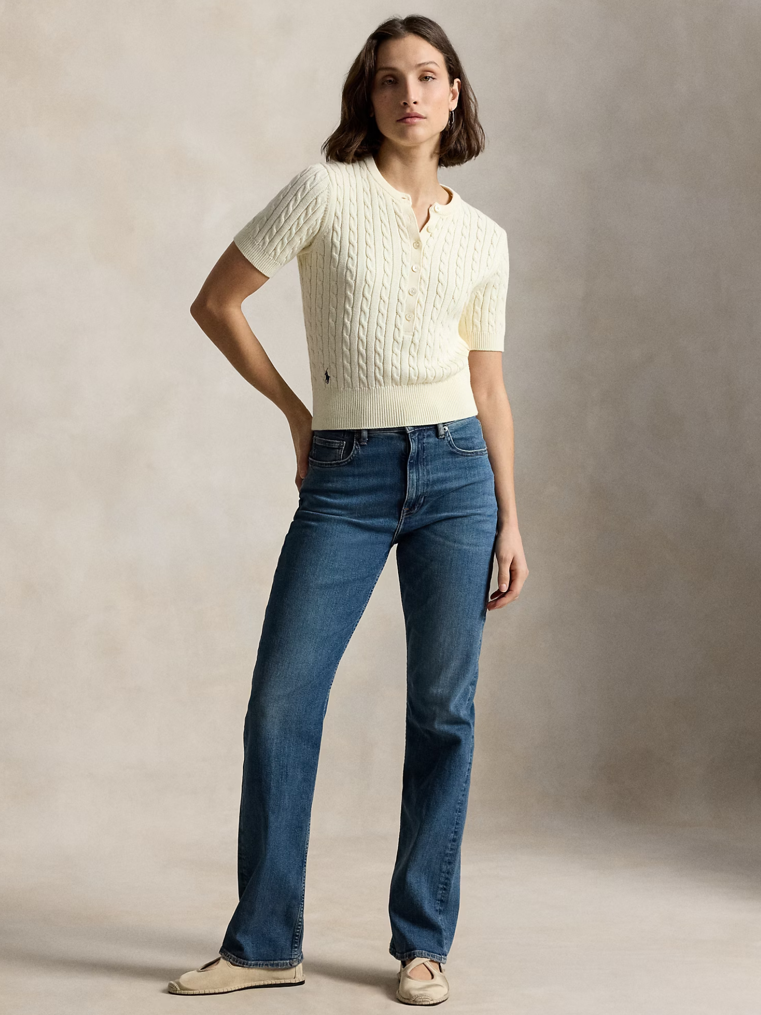 RALPH LAUREN WOMEN Mini-Cable Short-Sleeve Henley Jumper Clubhouse Cream