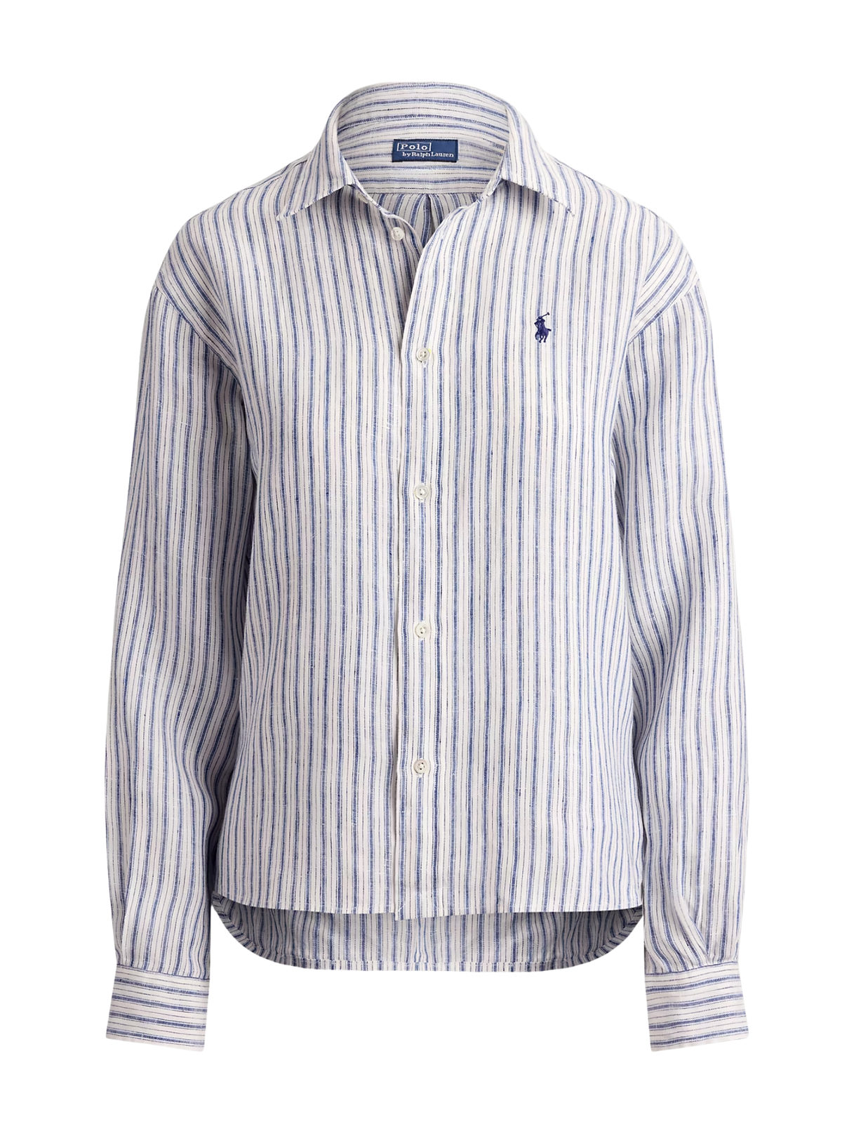 RALPH LAUREN WOMEN Wide Cropped Gingham Linen Shirt Navy Light