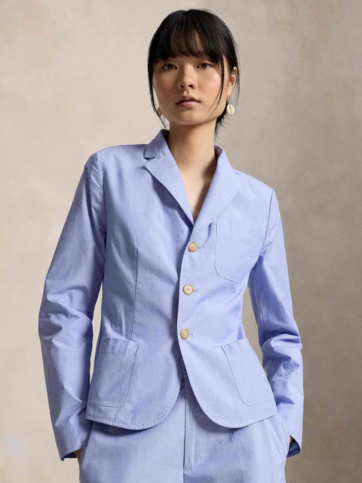 RALPH LAUREN WOMEN Single-breasted Shrunken Cotton Blazer Classic Medium Blue