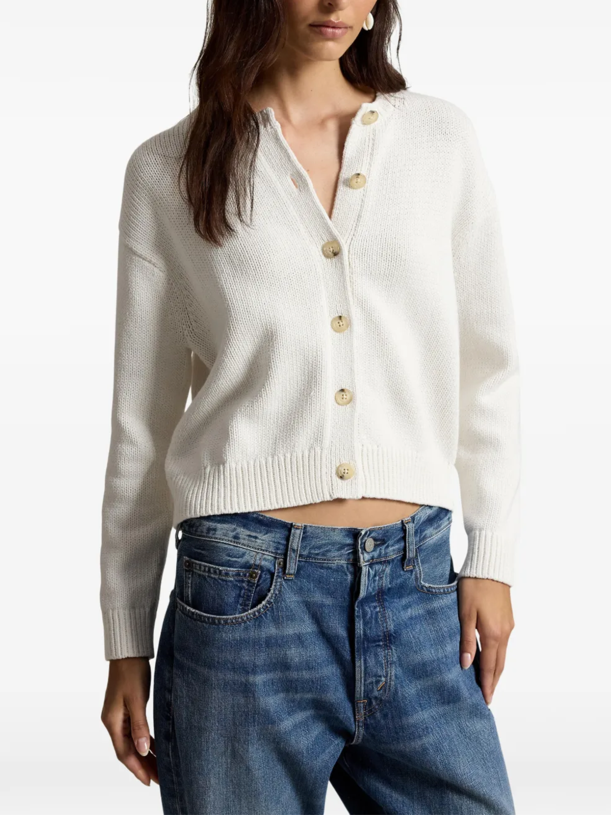 RALPH LAUREN WOMEN Linen-blend Crewneck Cardigan White