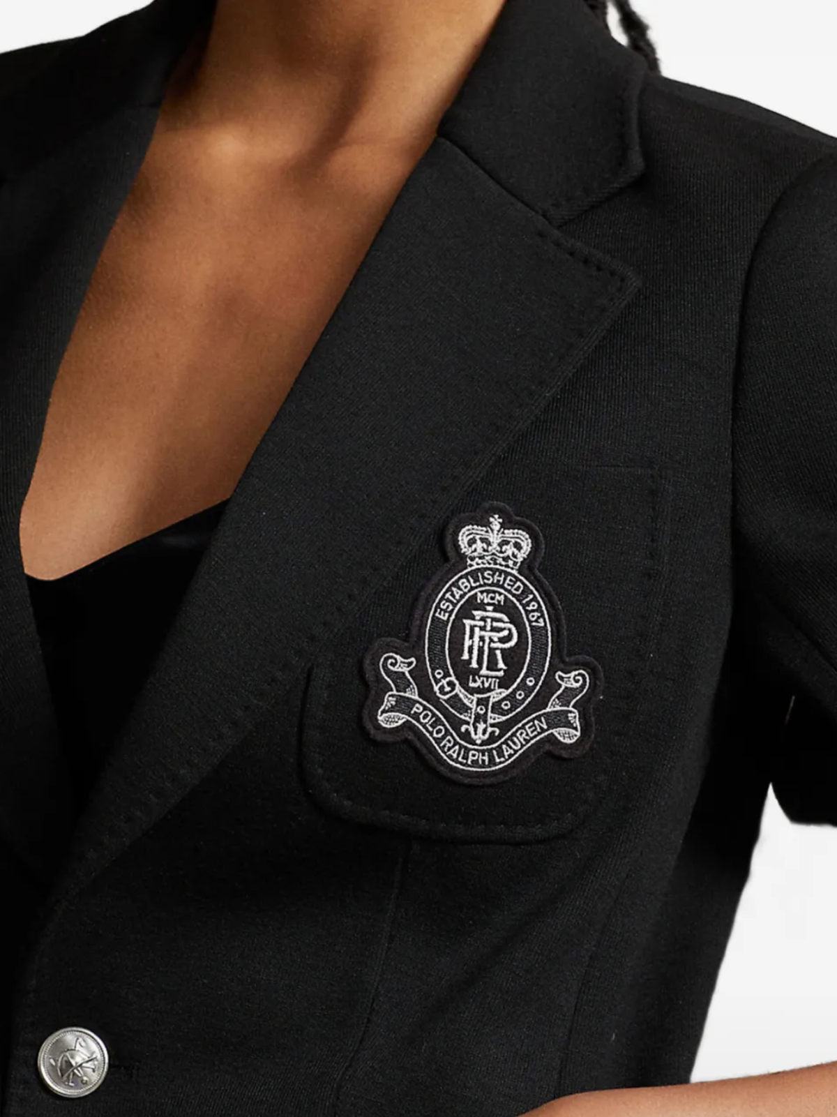 RALPH LAUREN WOMEN Single-breasted Logo-crest Knit Blazer Polo Black