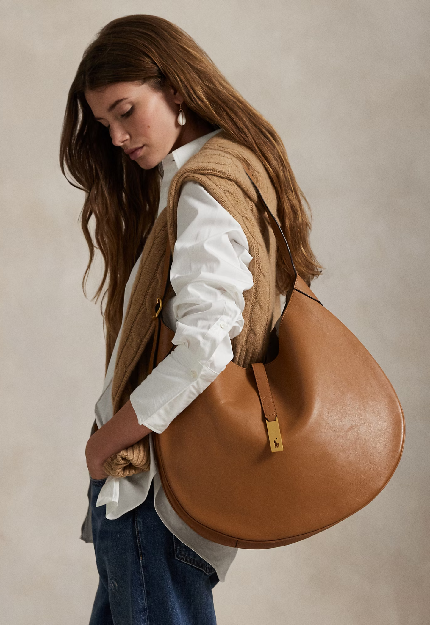 RALPH LAUREN WOMEN Polo ID Calfskin Large Shoulder Bag Tan