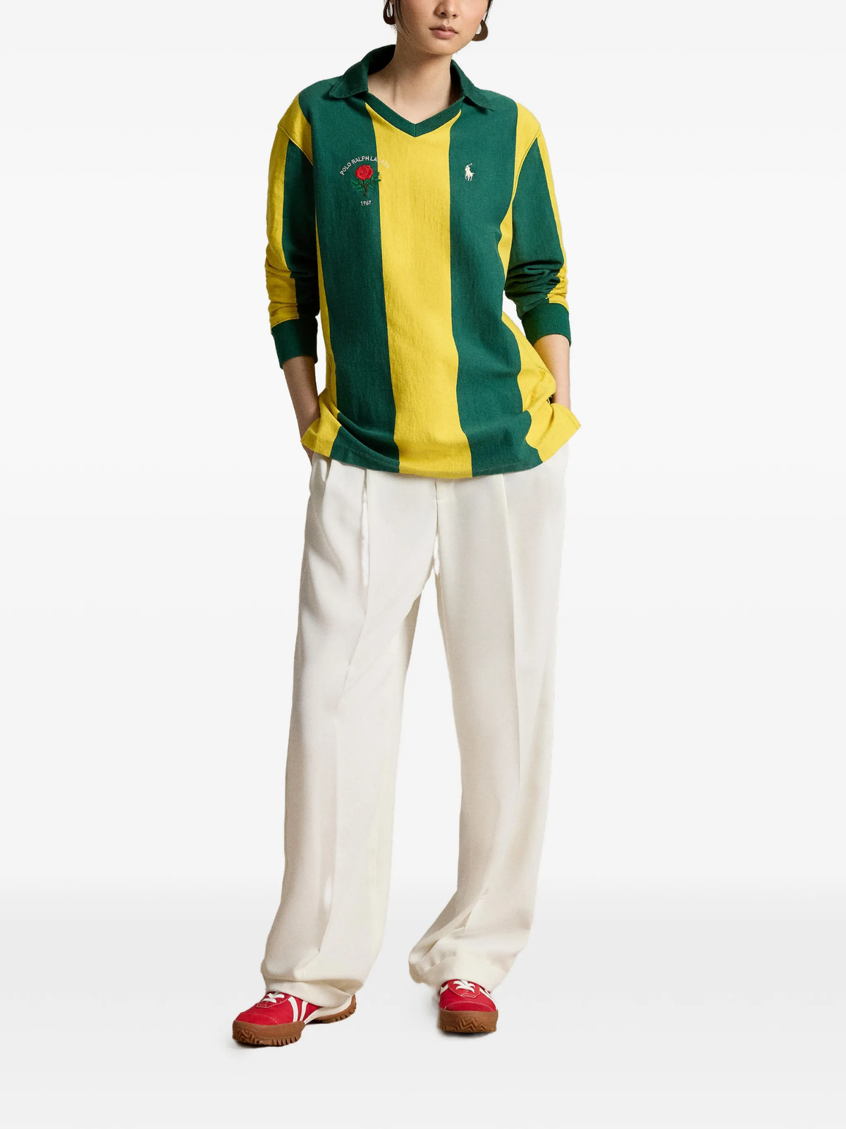 RALPH LAUREN WOMEN Oversize Embroidered Cotton Rugby Shirt Kelly Green/Canary Yellow