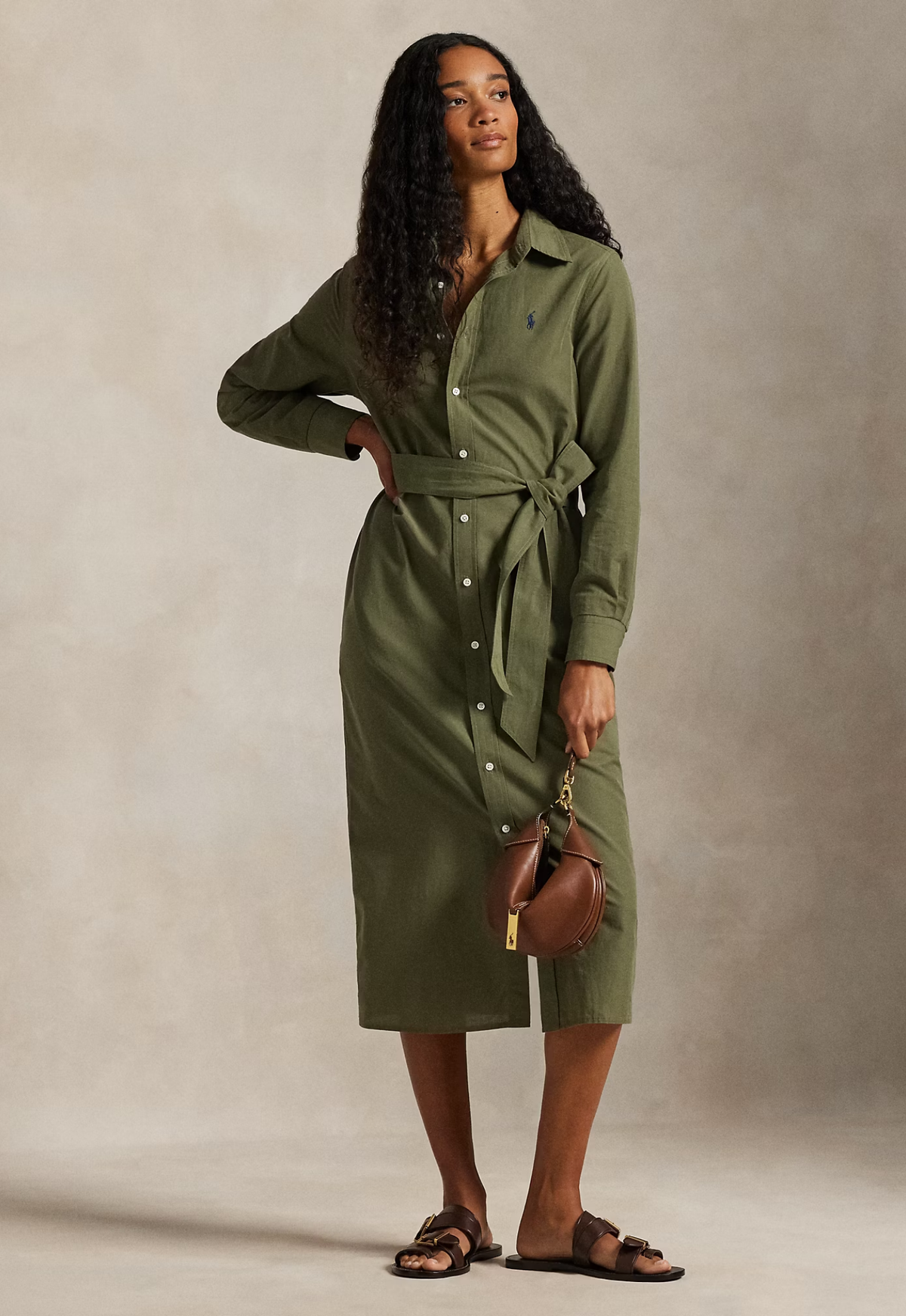 RALPH LAUREN WOMENS Cotton-Linen Belted Shirt Dress Supply Olive