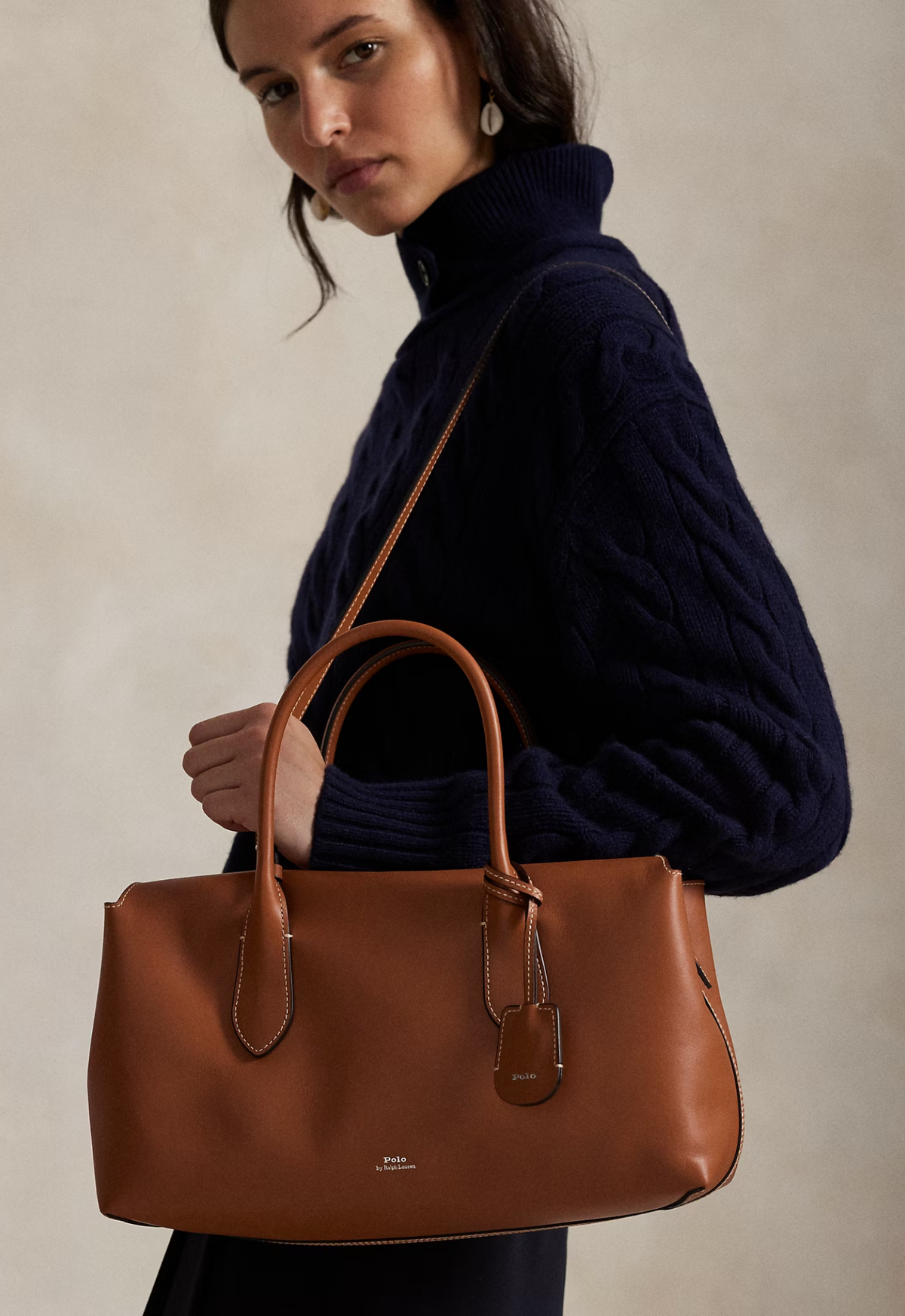 RALPH LAUREN WOMEN Bellport Leather Satchel Cognac