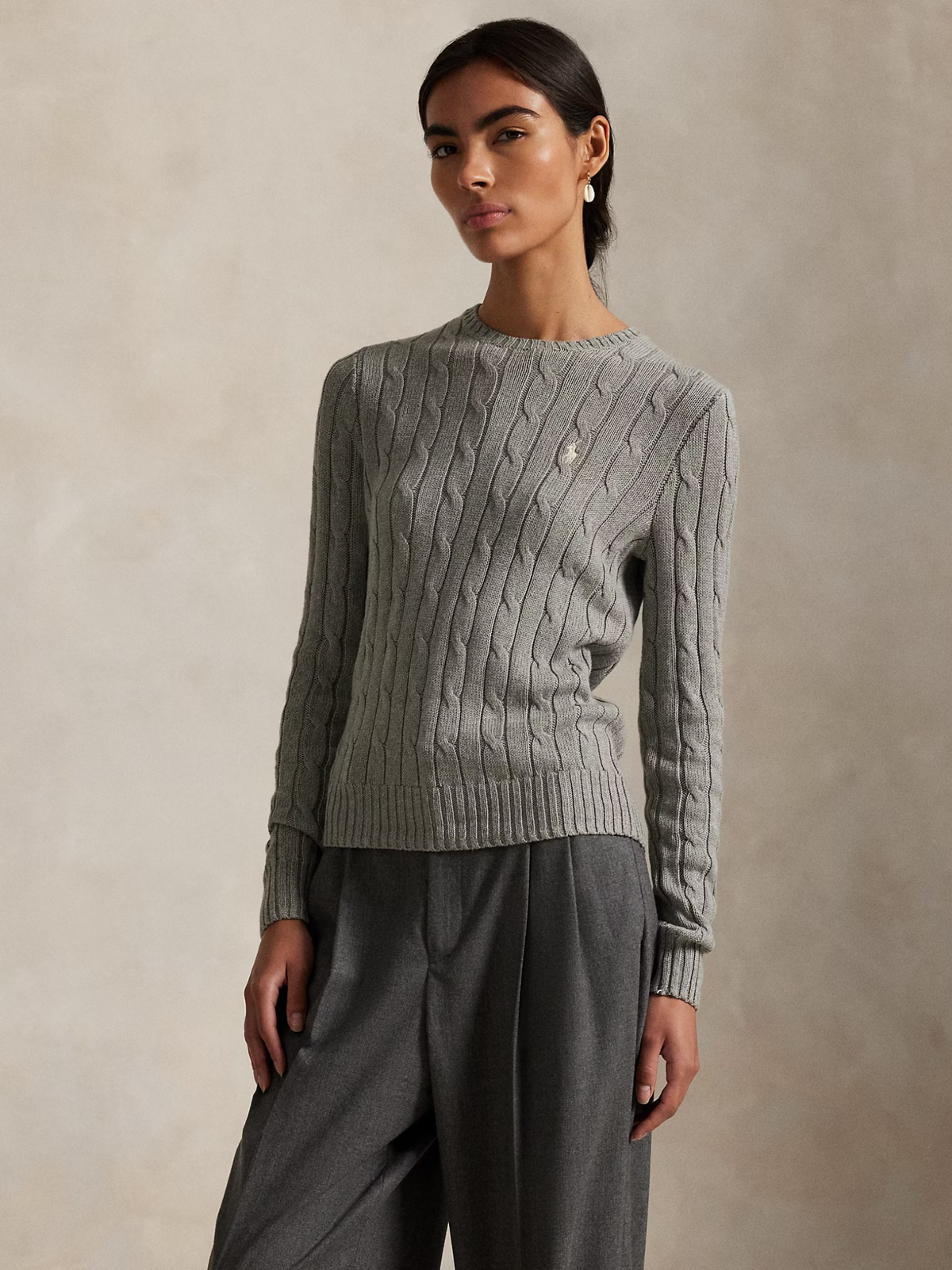 RALPH LAUREN WOMEN Cable-Knit Cotton Crewneck Jumper Fawn Grey Heather