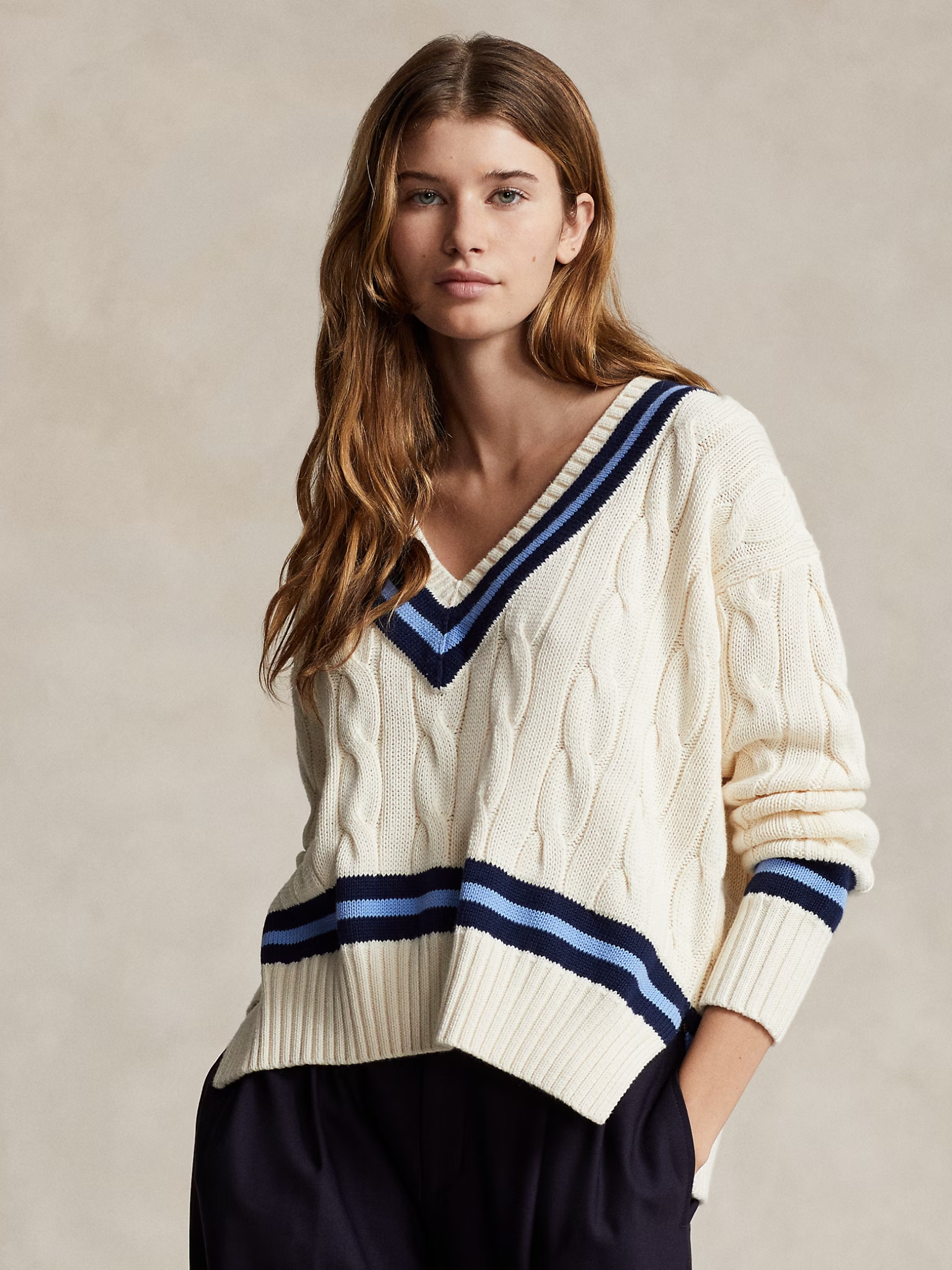 RALPH LAUREN WOMEN The Iconic Cricket Jumper Cream/Navy Stripe