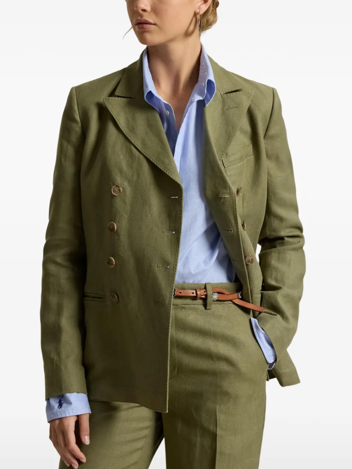 RALPH LAUREN WOMEN Double-breasted Hemp-linen Blazer Sage Green