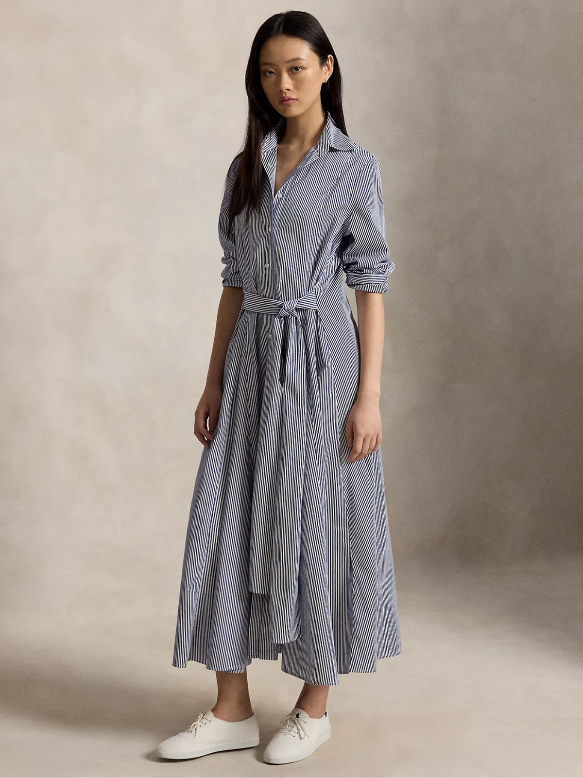 RALPH LAUREN WOMEN Striped Cotton Tie-waist Shirtdress White/Fall Royal