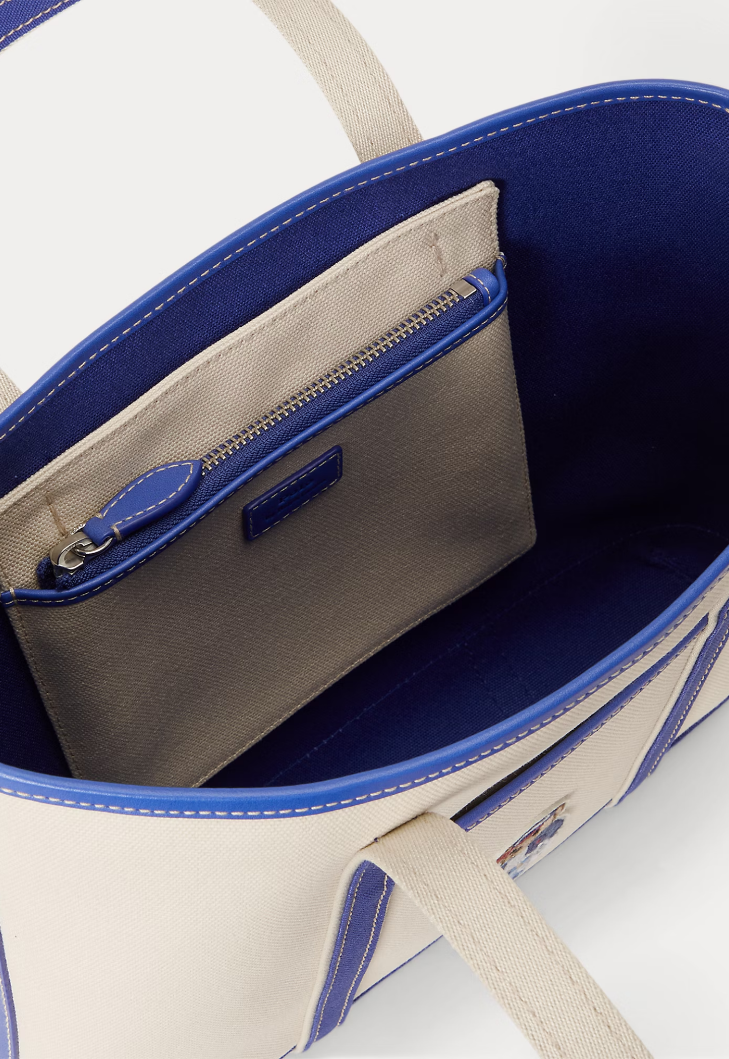 RALPH LAUREN WOMEN Polo Bear Canvas Small Shopper Tote Ecru/Indigo Sky