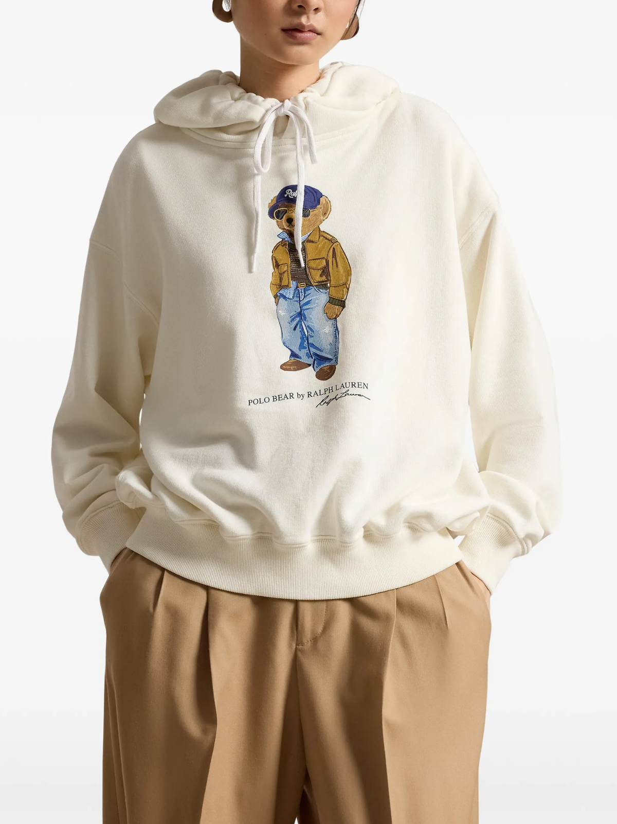 RALPH LAUREN WOMEN Polo Bear Lightweight Fleece Hoodie Warm White