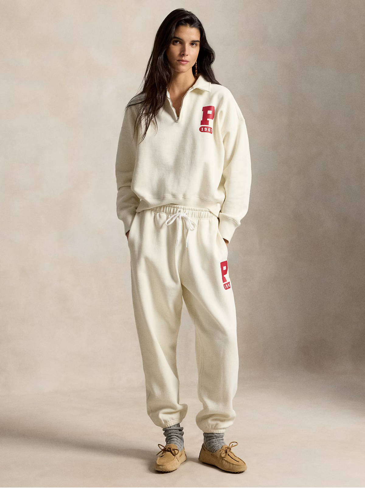 RALPH LAUREN WOMEN “P” Logo Slub Fleece Quarter-Zip Warm White
