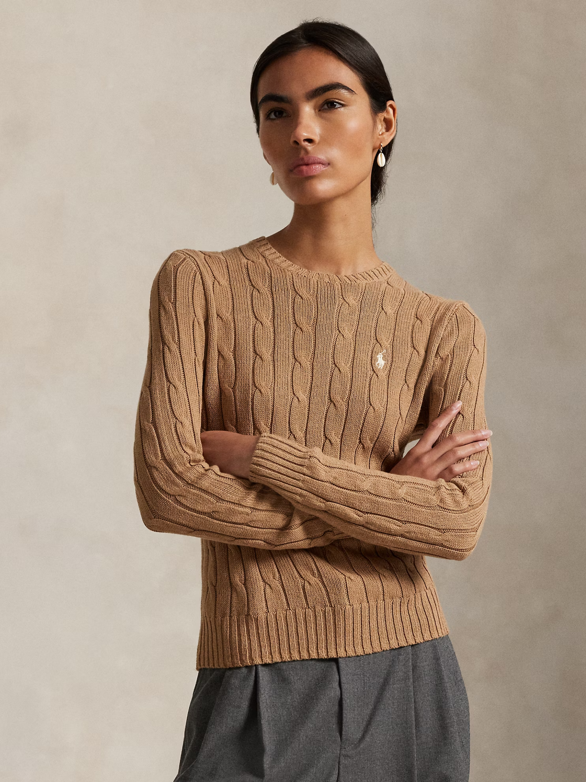 RALPH LAUREN WOMEN Cable-Knit Cotton Crewneck Jumper Collection Camel Melange